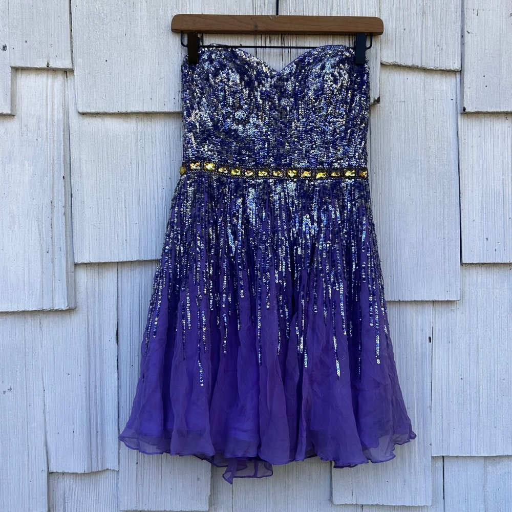Sherri Hill Strapless Purple Sequin Ombre Beaded Silk Prom Homecoming Dress‎  4